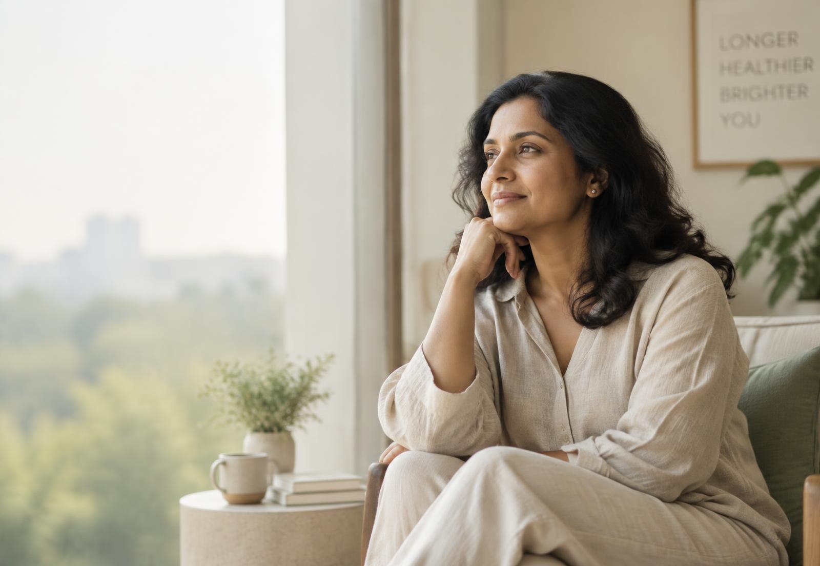 A woman sitting by a window in morning light, calm and reflective